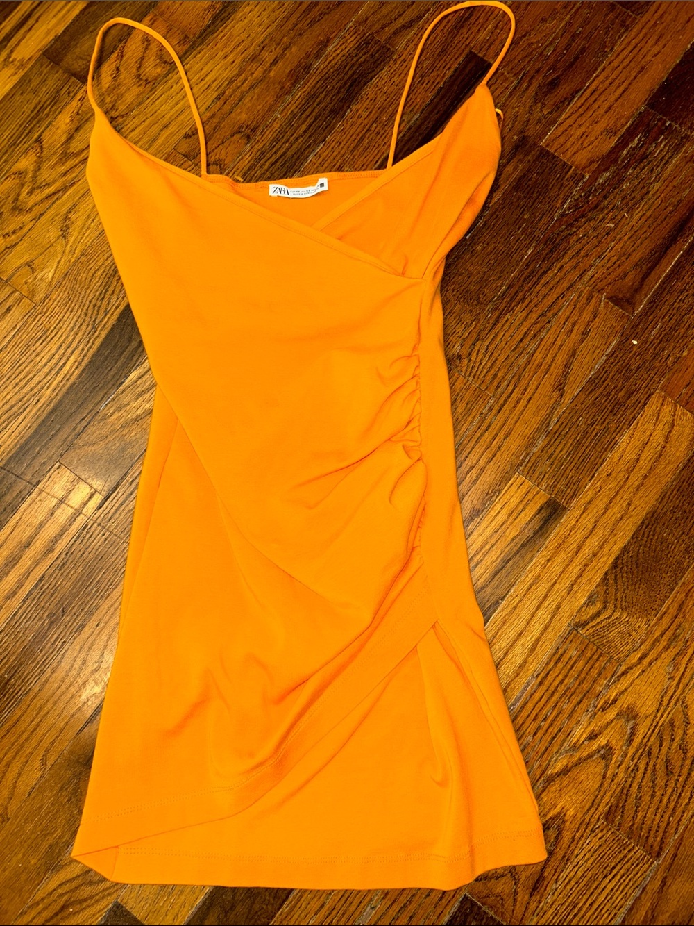 Zara Orange Spaghetti-Strap Ruched Mini Dress